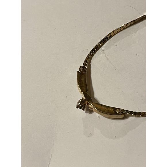 Vintage Gold Tone Herringbone Necklace Opal Rhinestone Curved Pendant 16 Inch - Picture 3 of 5